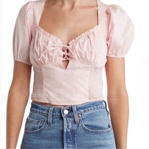 ASTR The Label blush puff sleeve, smocked cotton crop top